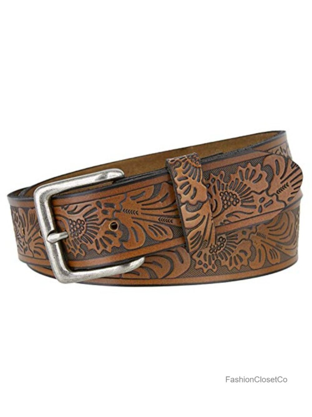 Genuine Leather Floral Western Belt Square Buckle